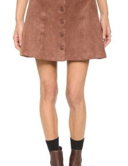 WAYF Faux Suede Button Front Skirt in Brown Suede
