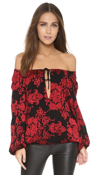 alice + olivia Naya Peasant Top in Deep Red/Black