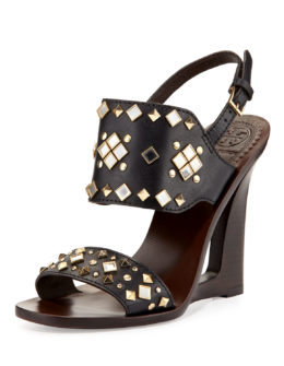 Tory Burch Kingsbridge Studded Open-Wedge Sandal, Tory Navy