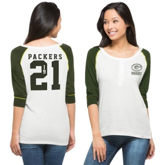 '47 Brand Green Bay Packers Women's White/Green Glitz Sequined Henley 3/4-Sleeve T-Shirt