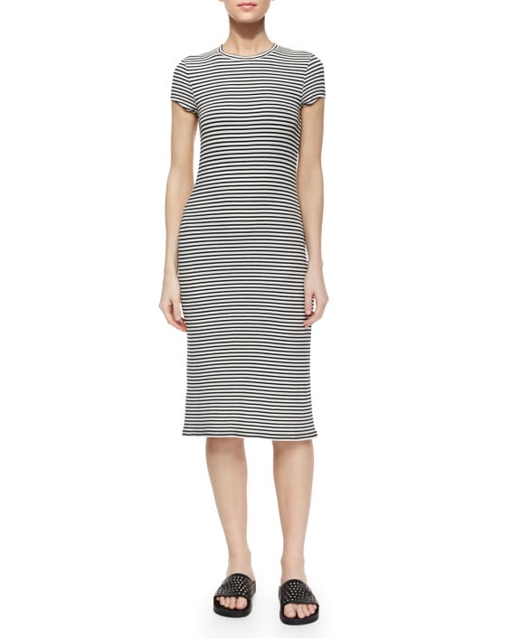 ATM Cap-Sleeve Striped Slim Midi Dress in Black/Snow Stripe