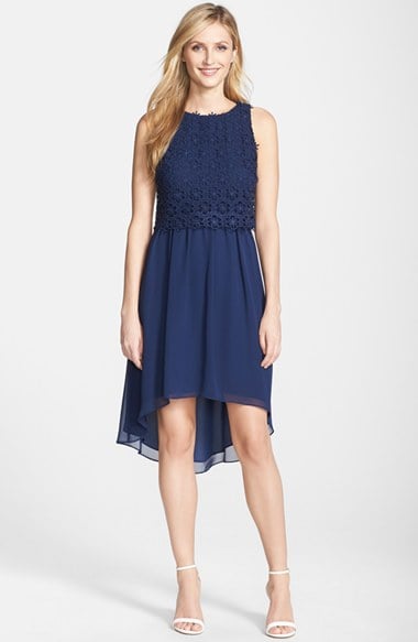 Adrianna Papell Lace & Chiffon Popover High Low Hem Dress in Dusk