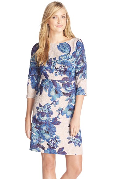 Adrianna Papell 'Matelsee' Metallic Floral Print Jacquard Sheath Dress in Blue Multi
