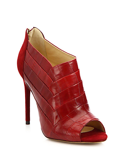 Alexandre Birman Petals Eel Skin & Suede Peep-Toe Booties in Red