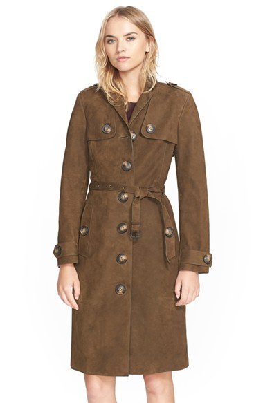 Burberry Brit 'Dellsbridge' Long Single Breasted Suede Trench Coat in Mink Grey