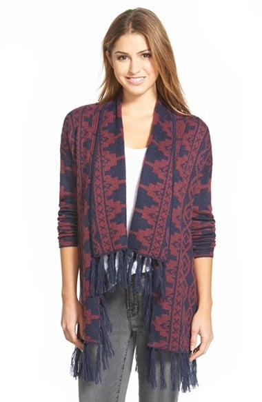 Caslon® Fringed Open Front Cardigan (Regular & Petite) in Navy Purple Southwest Pattern