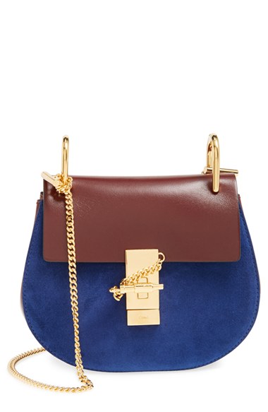 Chloé 'Mini Drew' Leather & Suede Shoulder Bag in Dark Velvet