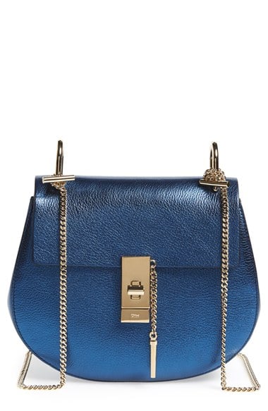 Chloé 'Mini Drew' Metallic Pebbled Leather Shoulder Bag in Blue Velvet
