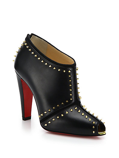 Christian Louboutin Studded Leather Peep-Toe Booties in Black-Gold