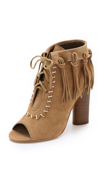 Cynthia Vincent Nailed Fringe Open Toe Booties in Tan