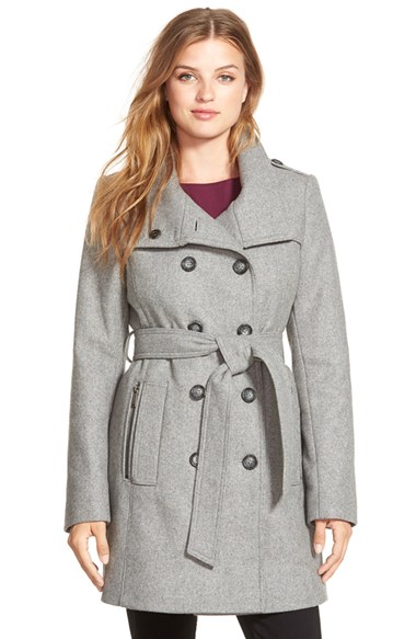 DKNY Double Breasted Wool Blend Trench Coat in Light Grey
