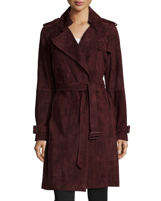 Diane von Furstenberg Belted Suede Trench Coat in Burgundy