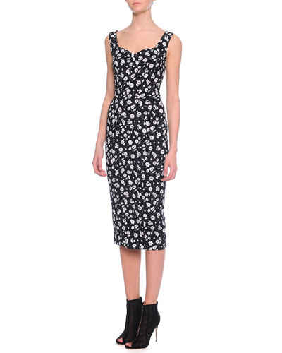 Dolce & Gabbana Sweetheart-Neck Mini Floral-Print Dress in Black and White