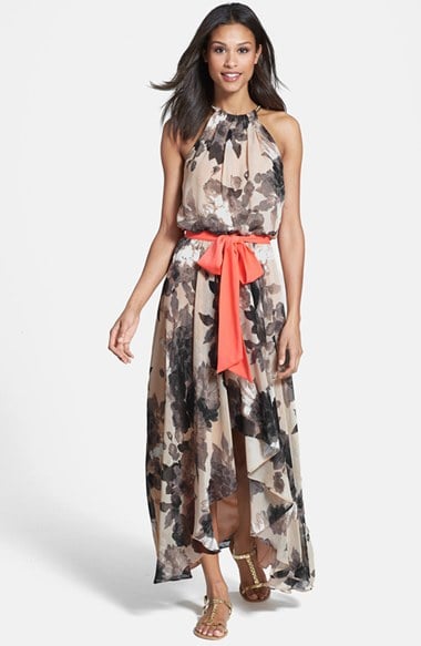 Eliza J Floral Print Chiffon High/Low Dress in Taupe