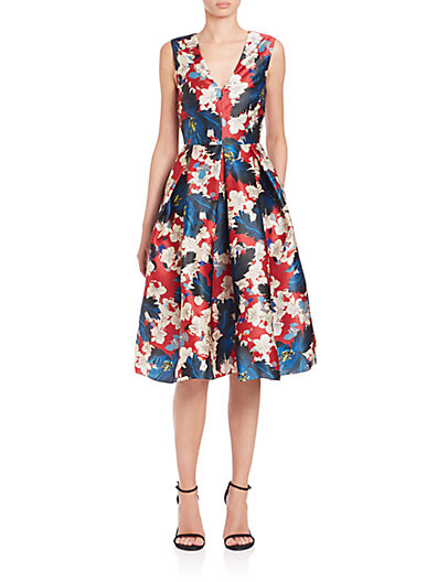 Erdem Loren Pleated Floral Silk Dress in Red