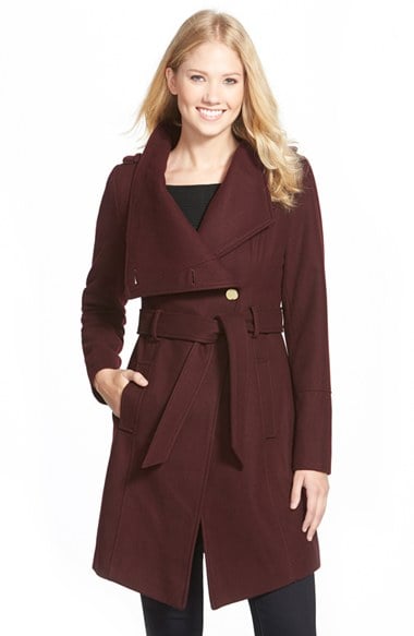 GUESS Belted Asymmetrical Wool Blend Trench Coat in Wine (Not Shown Heather Grey or Black)