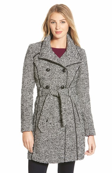 GUESS Belted Tweed Trench Coat in Black and White