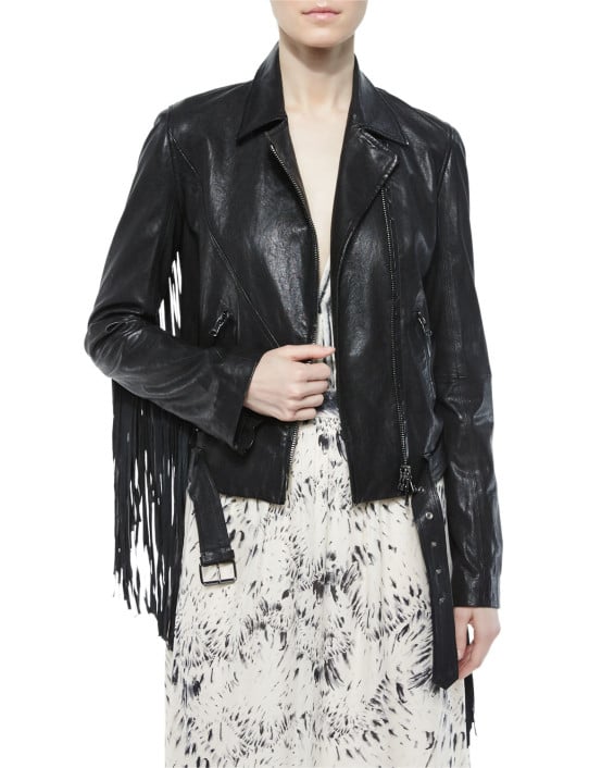 Haute Hippie Leather Belted Moto Jacket W/ Fringe in Black