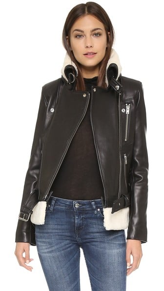 IRO Kolia Leather Moto Jacket in Black/White with Shearling Trim.