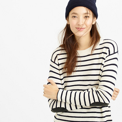 J.Crew STRIPED LEATHER PANEL SWING SWEATER item c9220 in Ivory Navy