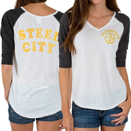 Junk Food Pittsburgh Steelers Women's White Victory Tri-Blend V-Neck Three-Quarter Sleeve T-Shirt