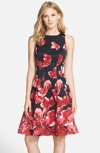 Maggy London Maggy London Floral Print Faille Fit & Flare Dress in Black and Pink