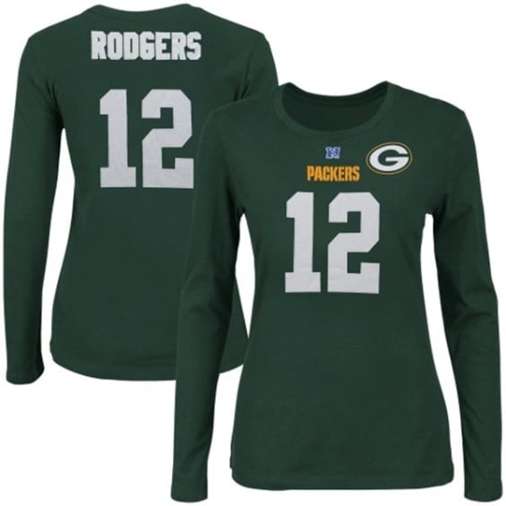 Majestic Aaron Rodgers Green Bay Packers Womens Green Fair Catch V Name and Number 12 Long Sleeve T-Shirt