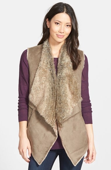 NIC+ZOE 'Spade' Drape Front Faux Shearling Vest in Washed Olive