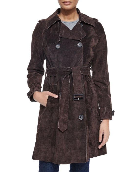 Neiman Marcus Suede Belted Trench Coat in Chocolate Brown