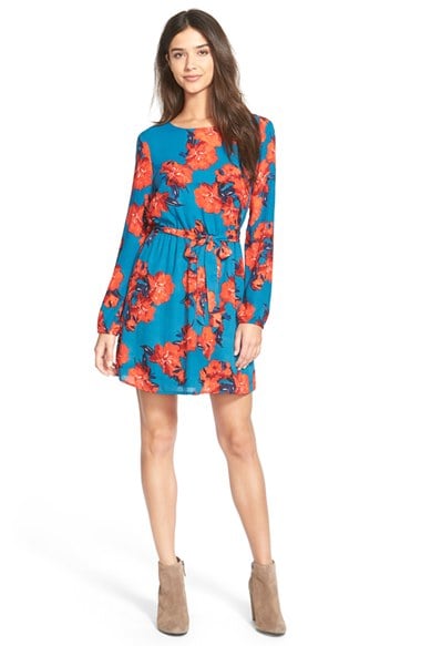 One Clothing Floral Print Skater Dress in Teal and Red