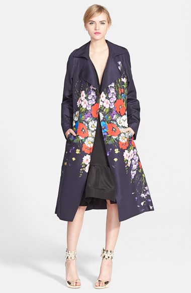 Oscar de la Renta Floral Print Silk Faille Trench Coat in Navy
