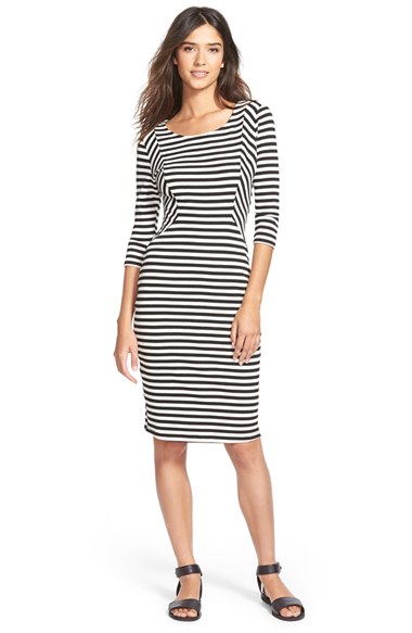 Painted Threads Stripe Rib Knit Body-Con Dress in Black Ivory