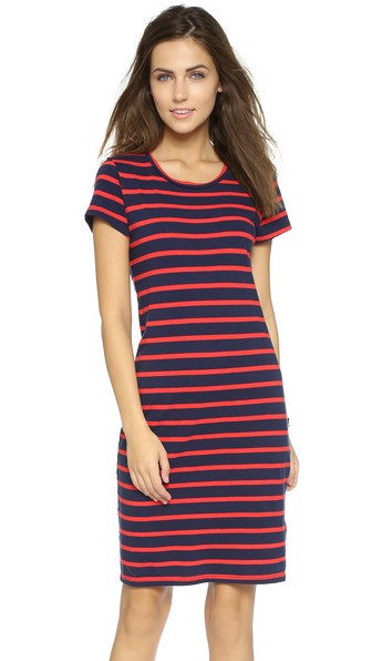 SUNDRY Short Sleeve Crew Dress in Blue/Red