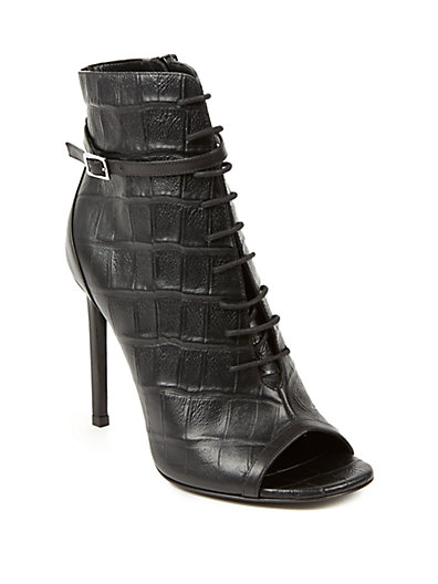 Saint Laurent Open-Toe Lace-Up Croc-Embossed Leather Booties in Black