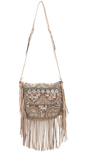 Shashi Simone Embellished Saddle Bag in Beige 