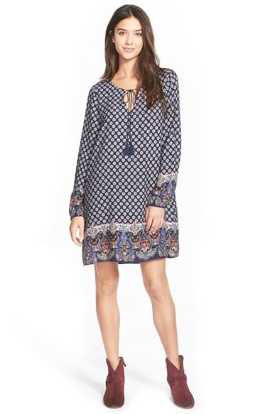 Sun & Shadow Split Neck Print Babydoll Dress in Navy Peacoat Tile Print