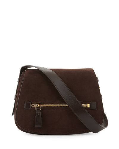 TOM FORD Jennifer Medium Suede Saddle Bag in Dark Brown