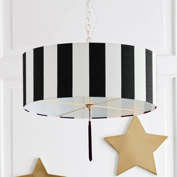 The Emily + Meritt Pottery Barn Teen Awning Stripe Drum Pendant in Black and White