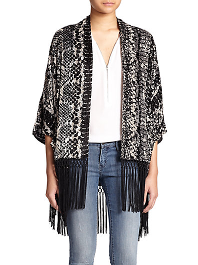The Kooples Python Print Fringe Cardigan in Black