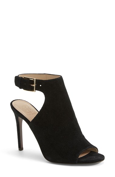 Tory Burch 'Brittania' Peep Toe Suede Bootie (Women) in Black
