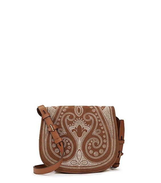 Tory Burch EMBROIDERED MEDIUM SADDLEBAG in Caramel