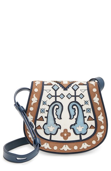 Tory Burch Patchwork Leather Saddle Bag in New Ivory/Tan/Rainfall