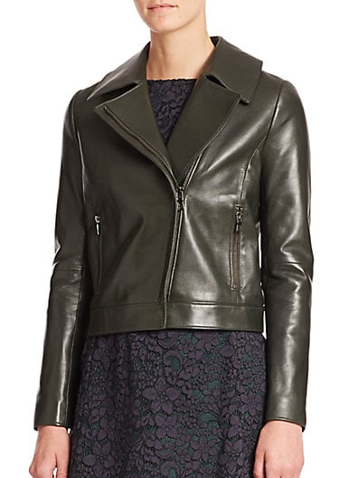 Tory Burch Waxed Leather Moto Jacket in English Green