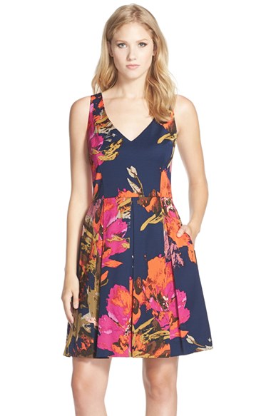 Trina Turk 'Hillary' Floral Print Faille Fit & Flare Dress in Navy Pink Multi