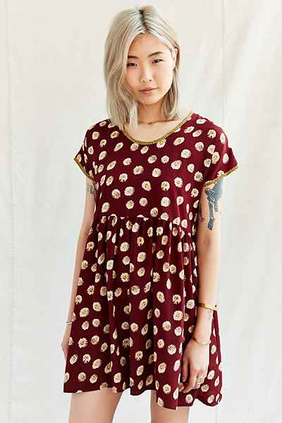 Urban Renewal Remade Printed Collar Babydoll Dress in Maroon