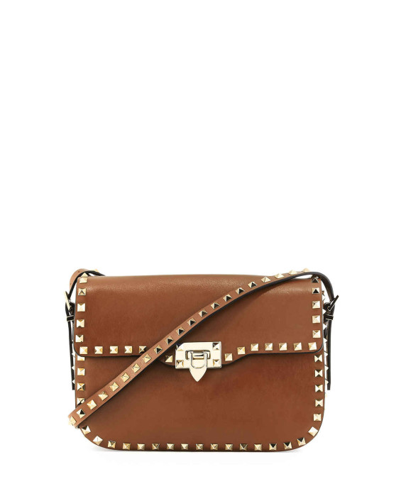 Valentino Rockstud Leather Flap Shoulder Bag in Nocciolo