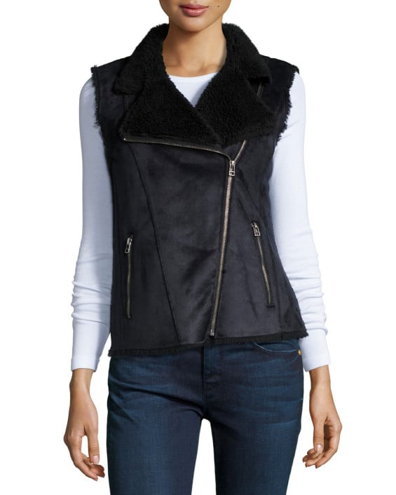 Velvet Anila Asymmetric-Zip Faux-Sheep Vest in Black