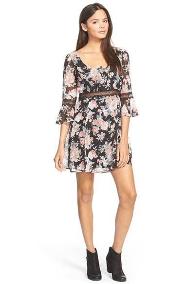WANT & NEED Floral Print Chiffon Skater Dress in Black