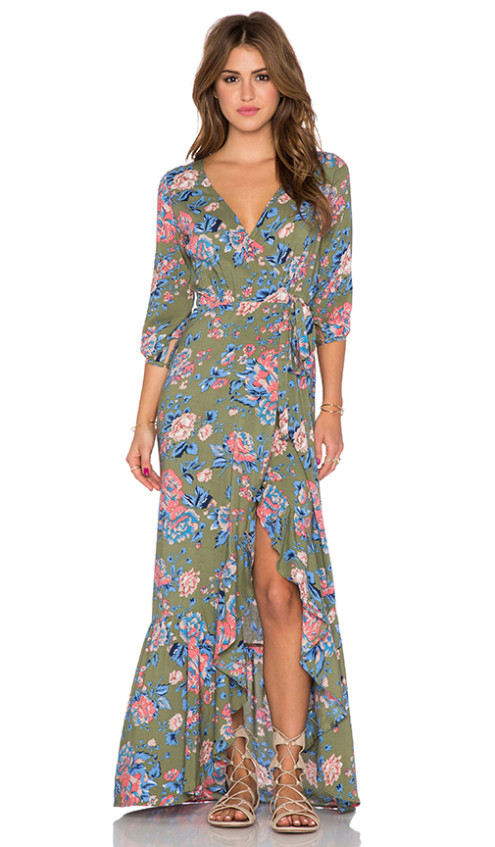 WILLOW WRAP FLORAL PRINT MAXI DRESS AUGUSTE in Khaki Magnolia