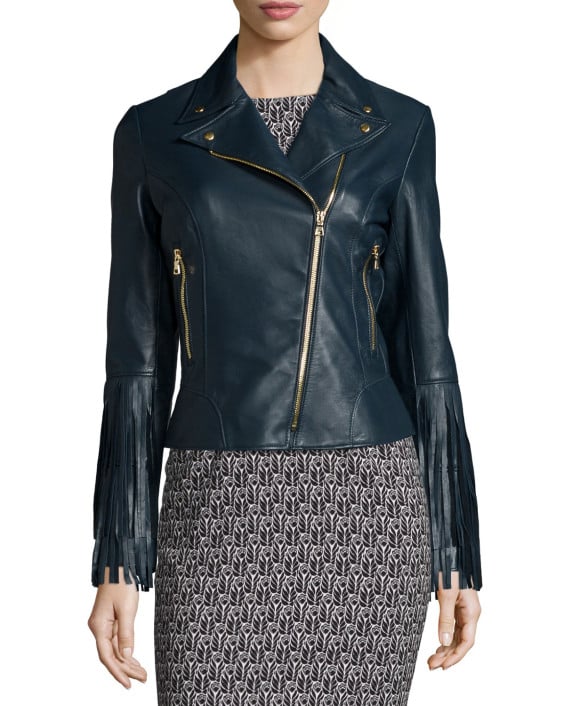ZAC Zac Posen Willo Leather Moto Jacket with Fringe Cuffs in Petrol